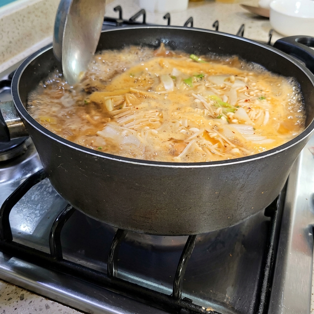 Eine Schöpfkelle wird verwendet, um vorsichtig Schaum von der Oberfläche des kochenden Doenjang Jjigae zu entfernen und eine saubere Brühe zu erhalten.