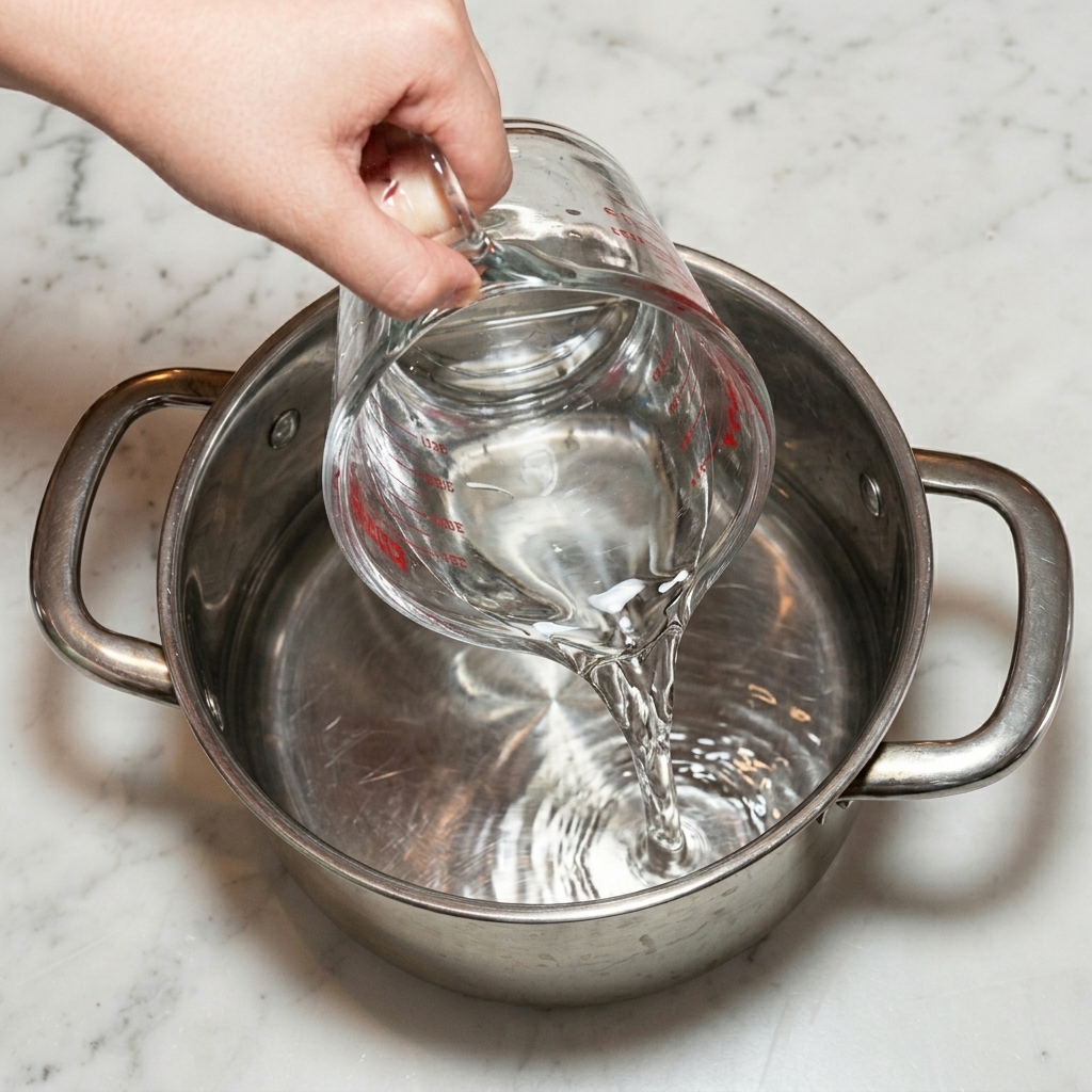 Wasser wird aus einem Messbecher in den Topf zu den Zutaten gegossen.