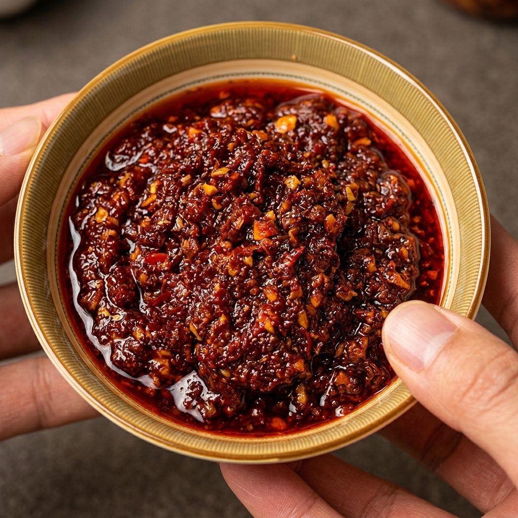 Eine dicke, würzige rote Sauce wird über rohe Kabeljaufilets in einer Pfanne gelöffelt.