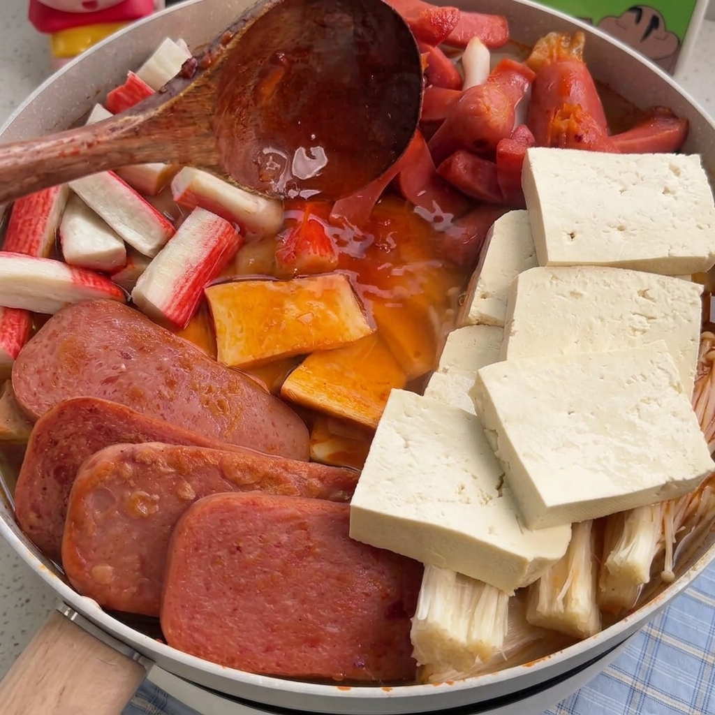 Mit einem Holzlöffel wird eine leuchtend rote Mischung aus Kimchi-Saft und Sojasauce über die angerichteten Zutaten in der Pfanne gegossen.