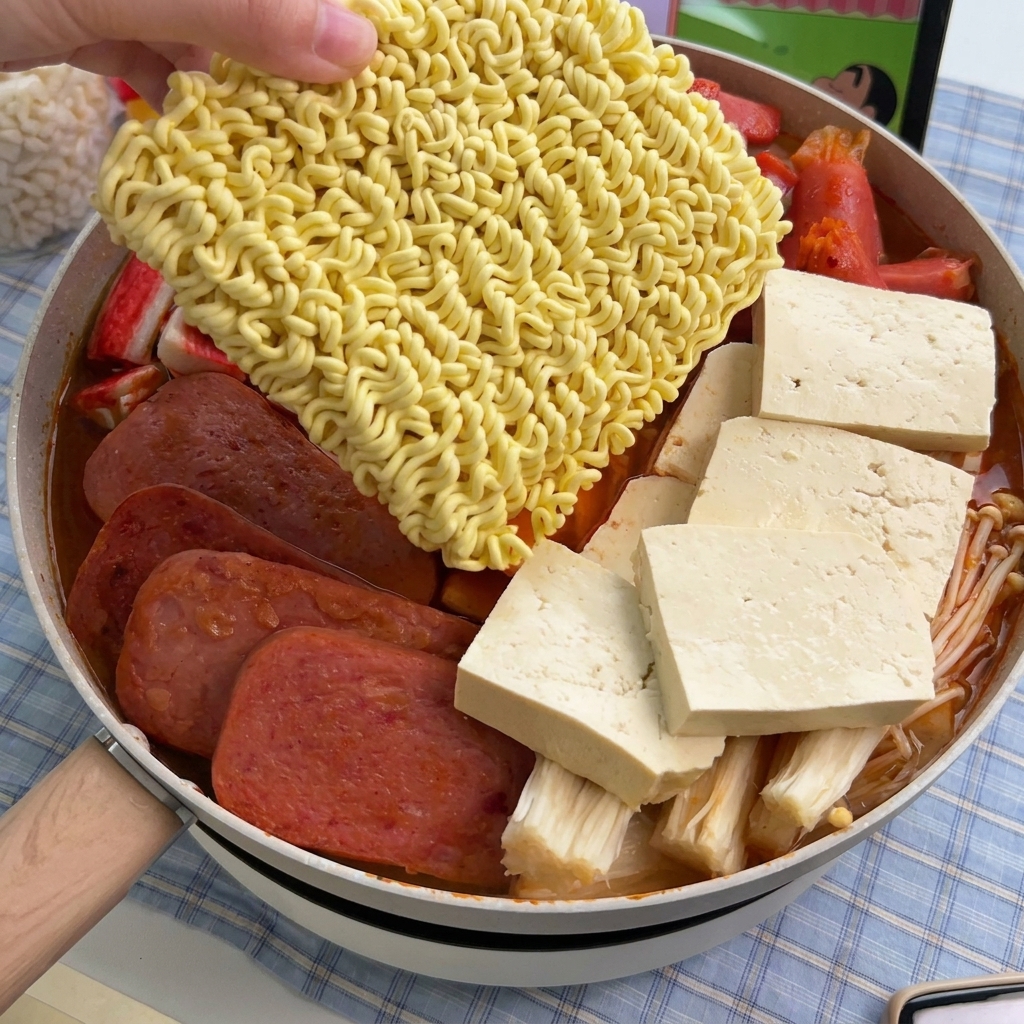 Eine Hand platziert einen quadratischen Block trockener Instant-Ramen-Nudeln genau in die Mitte der vollen Army Stew Pfanne.