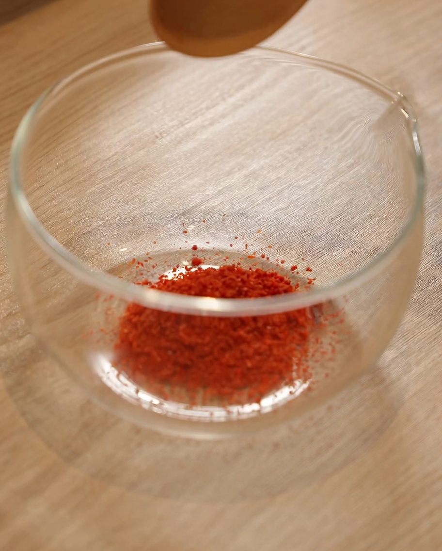 Eine Glasschüssel mit einer leuchtend roten Chilipasten-Mischung, die mit einem Holzlöffel verrührt wird.