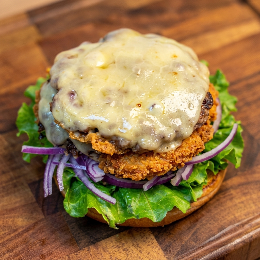 Saftiges Rindfleisch-Patty mit geschmolzenem Käse, das auf den Burgerstapel gelegt wird.