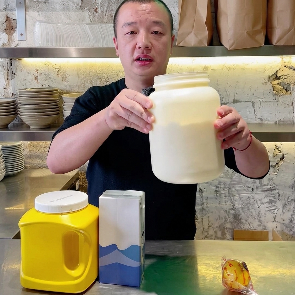 Gelber Senf wird aus einer Flasche in eine Schale mit Honig gedrückt.