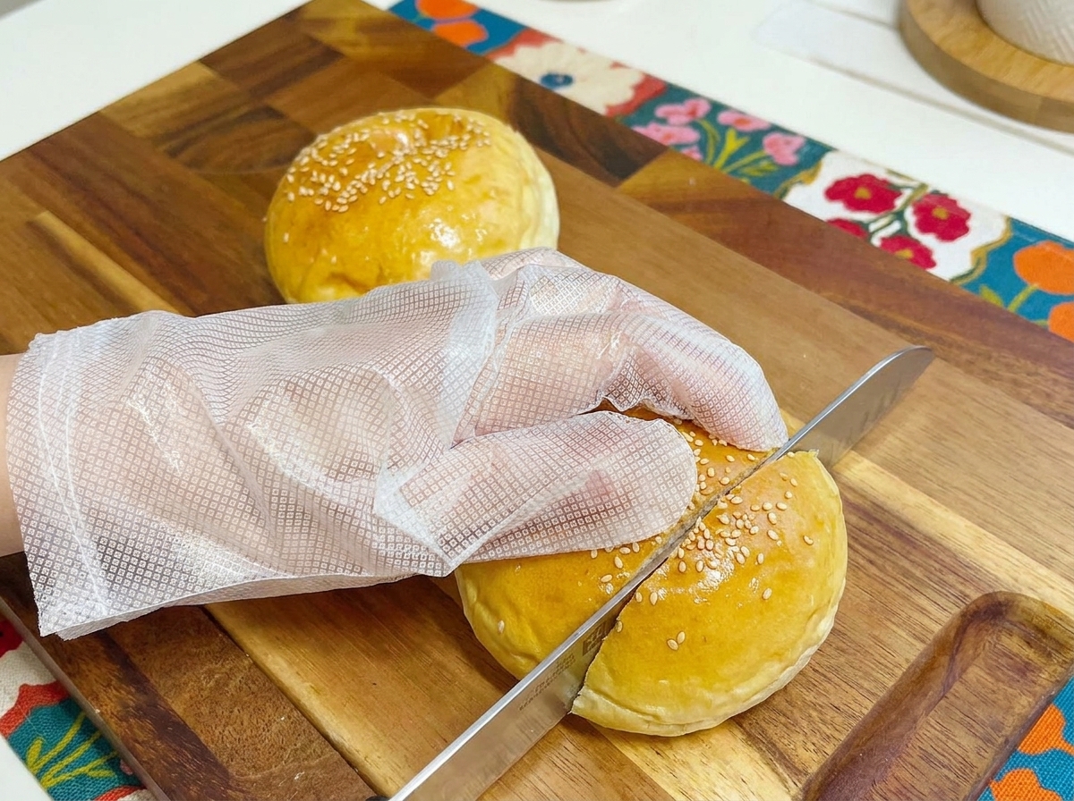 Ein aufgeschnittenes Burgerbrötchen auf einem Holzbrett.