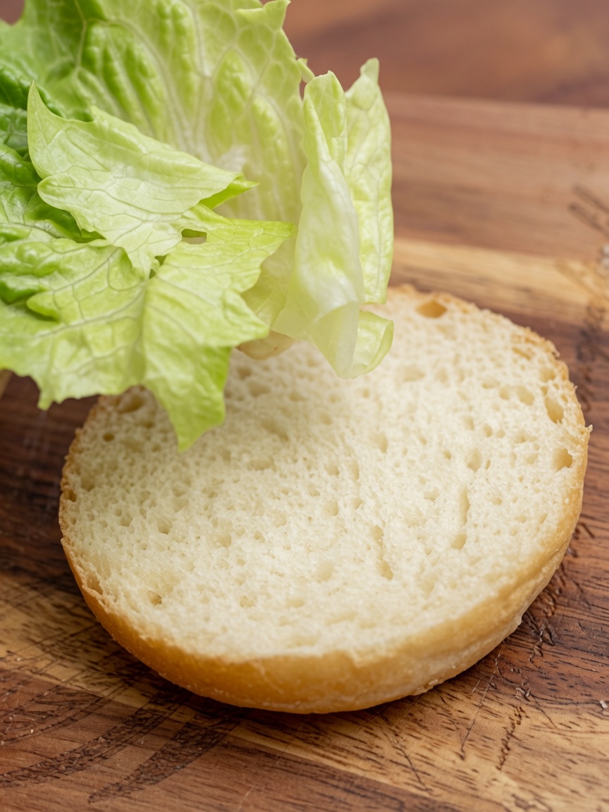 Frische grüne Salatblätter werden auf die untere Hälfte eines weißen Burgerbrötchens gelegt.