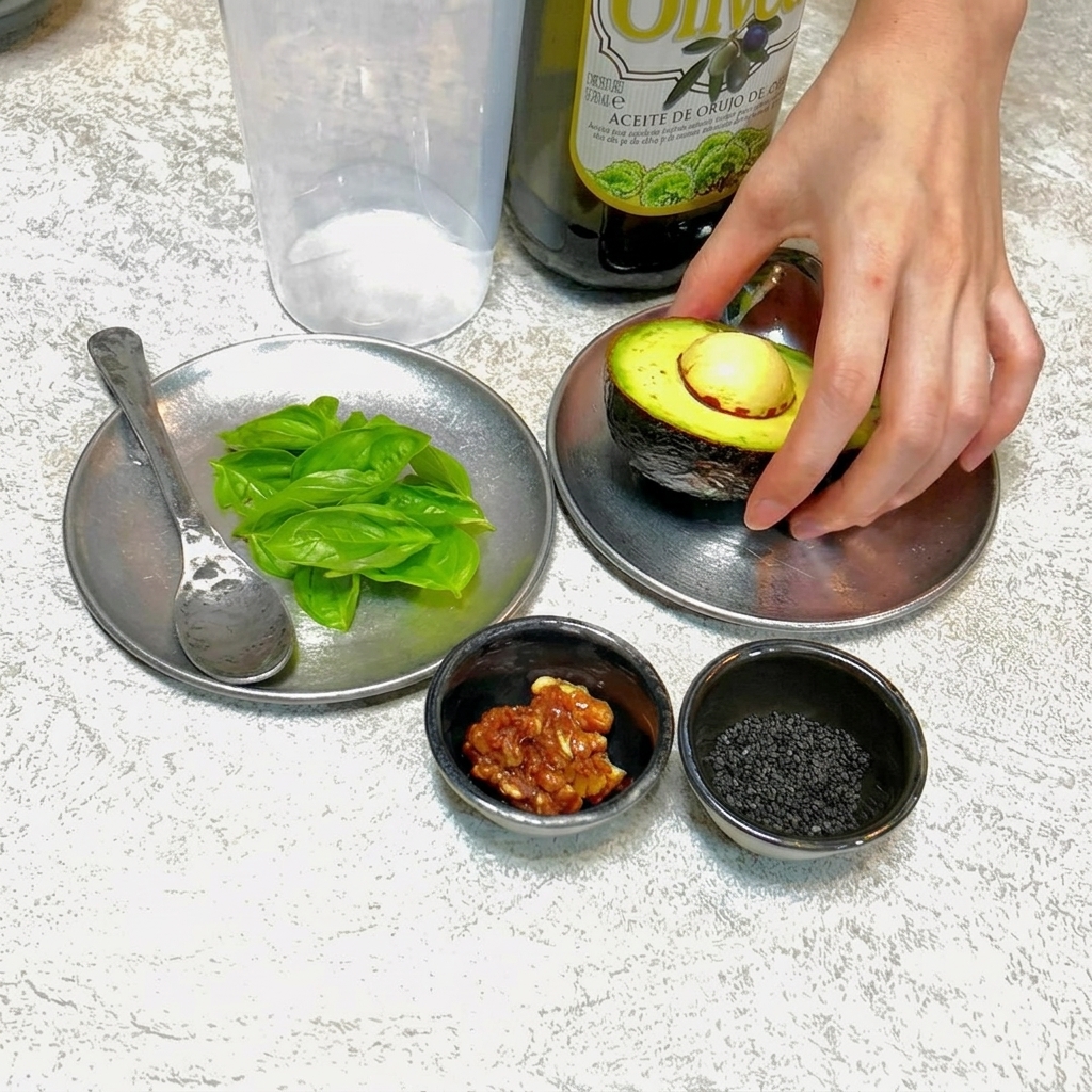 Ein Mixer mit Avocado, Basilikum, Walnüssen und weiteren Zutaten bereit für die Verarbeitung zu einer grünen Creme.