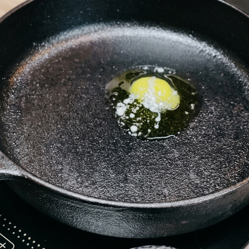 In einer heißen Pfanne schmilzt Butter, während marinierte Hähnchenschenkelstücke hinzugefügt werden.