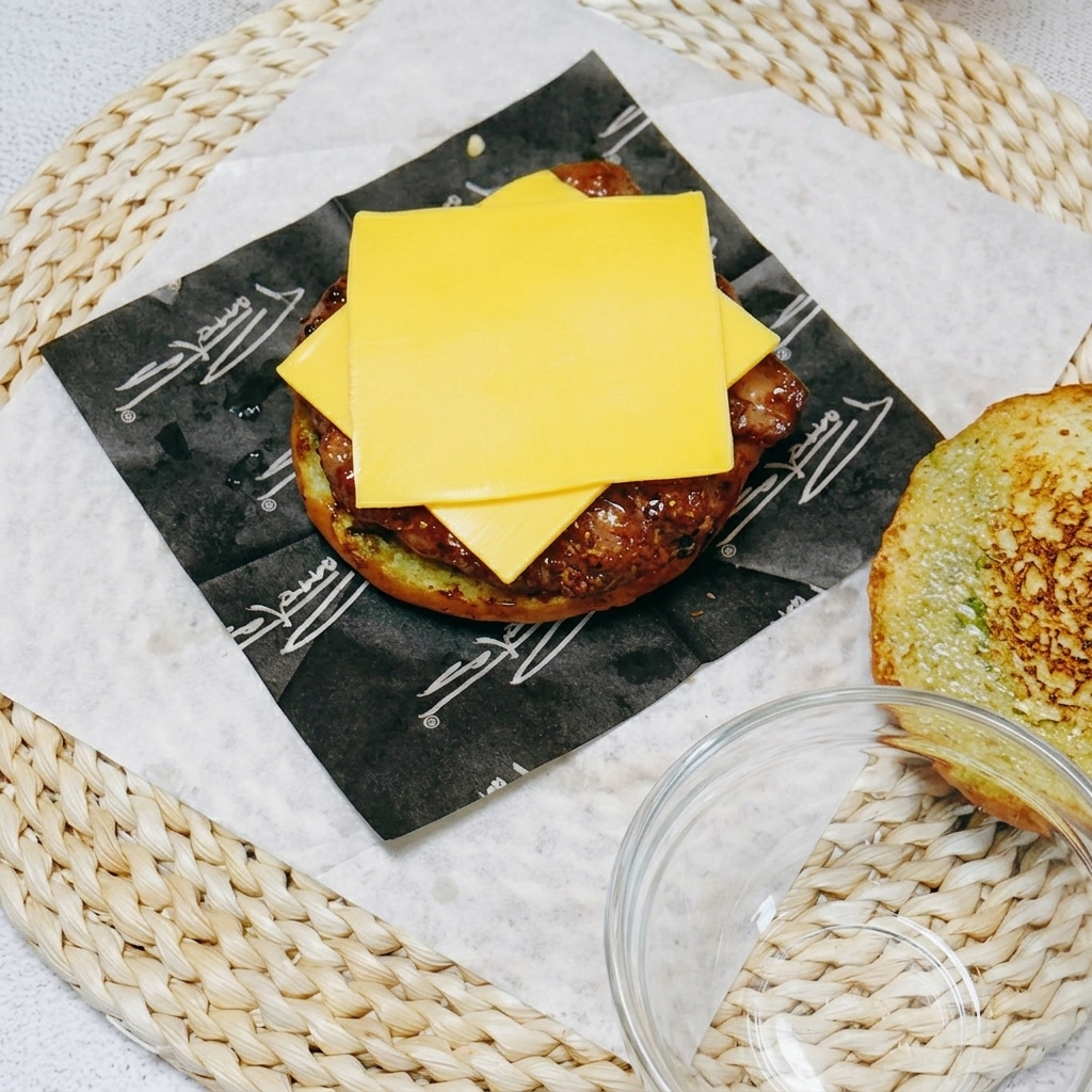 Ein Stapel aus Käse, Gurken, Gewürzgurken, Spiegelei und Tomatenscheiben wird auf das Hähnchen gelegt.