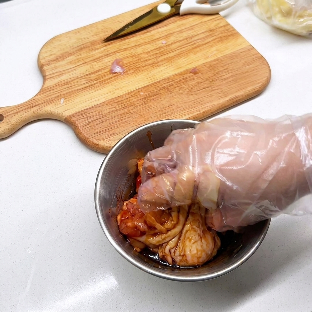 Hand mit Handschuh mischt die Hähnchenstücke mit Marinade und Gewürzen in einer Metallschüssel.