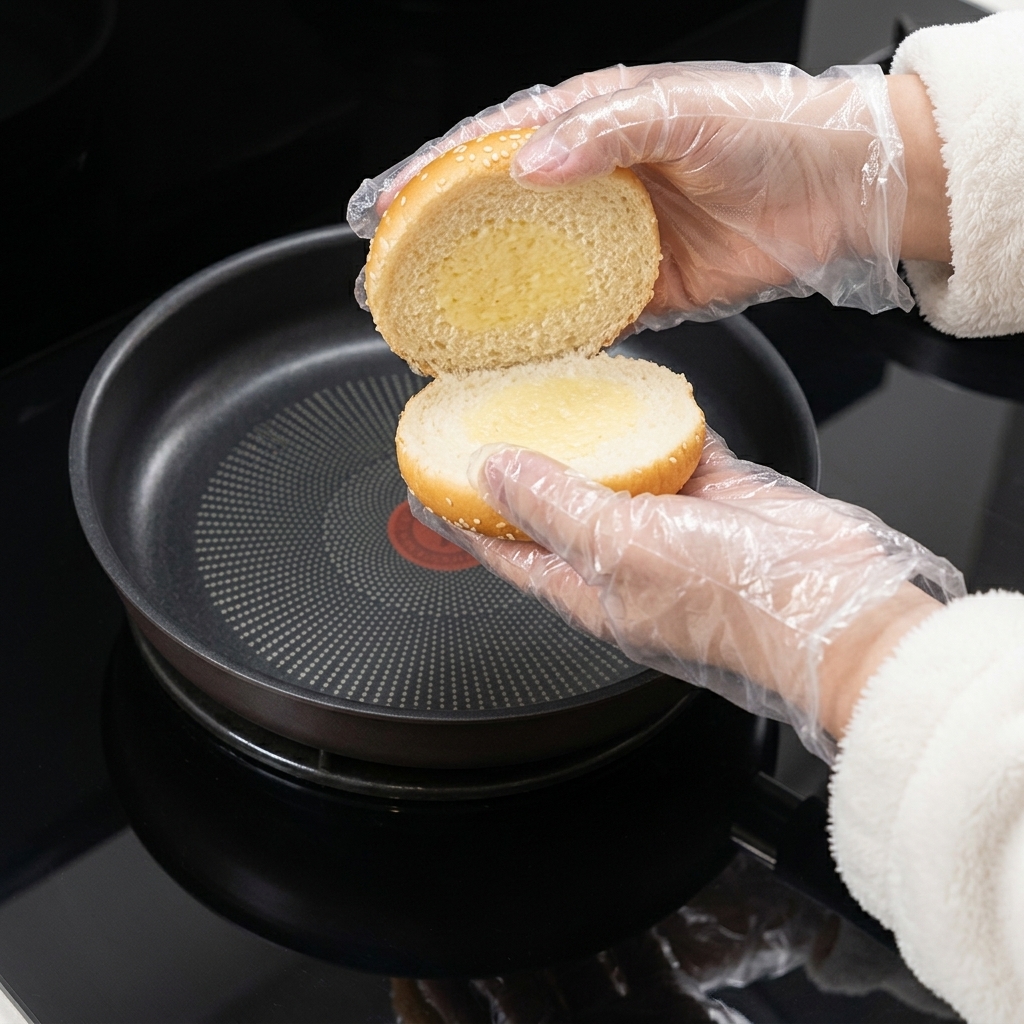 Zwei Burgerbrötchenhälften werden in einer beschichteten Pfanne mit geschmolzener Butter geröstet.