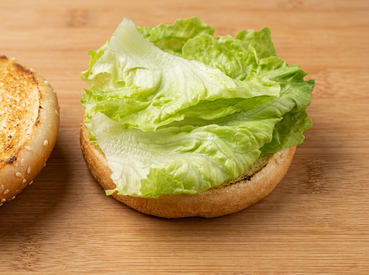 Frische, leuchtend rote Tomatenscheiben werden auf die Salatschicht des Brötchens gelegt.