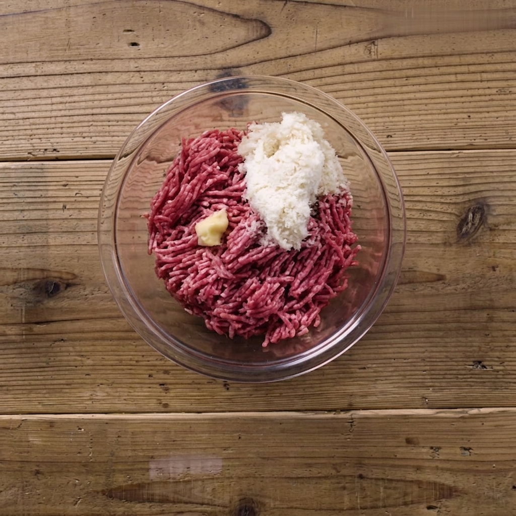 Eine große Schüssel mit Hackfleisch, einem rohen Ei und eingeweichten Semmelbröseln.