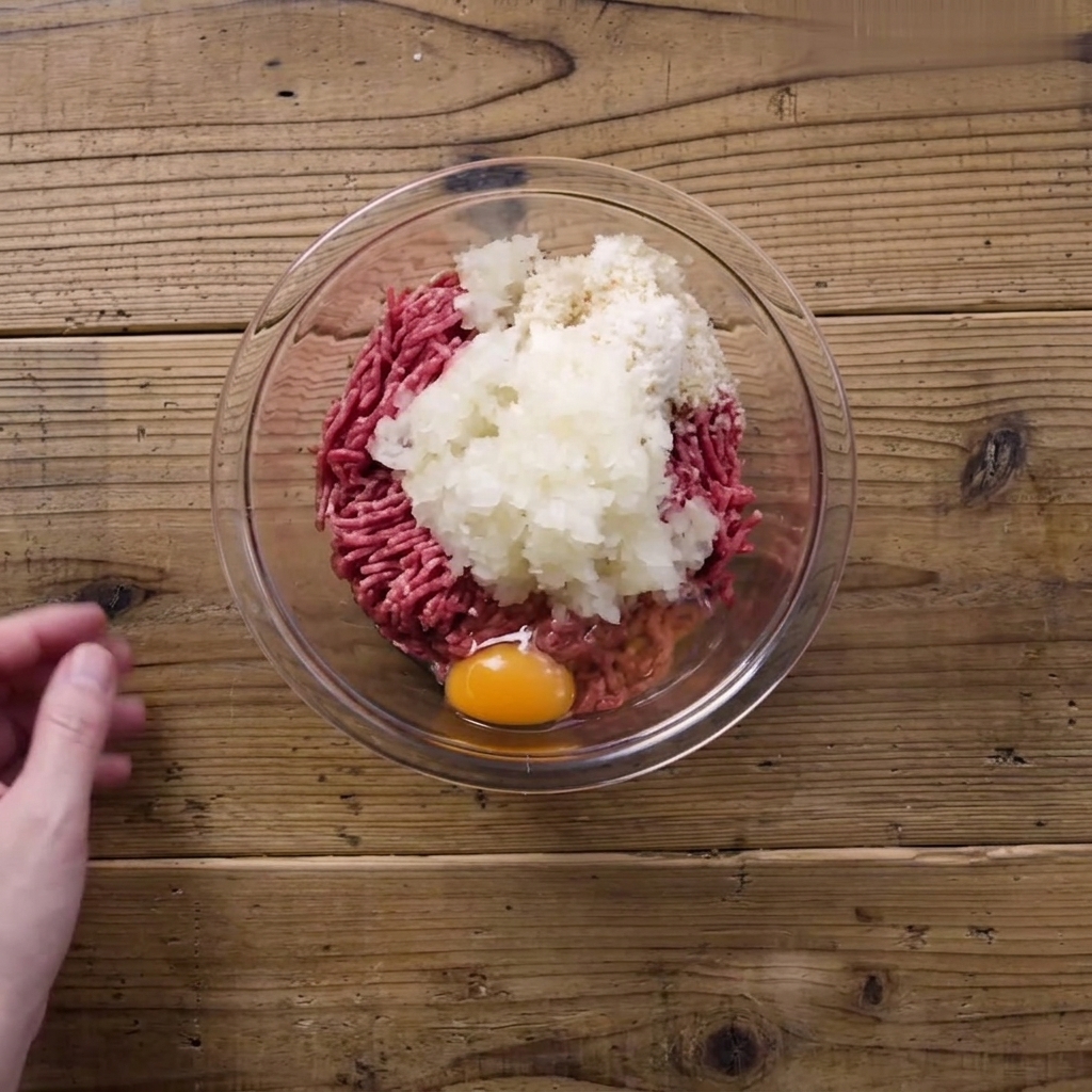 Eine Schüssel mit Hackfleisch, Zwiebeln, Bröseln und Ei, bereit zum Mischen.
