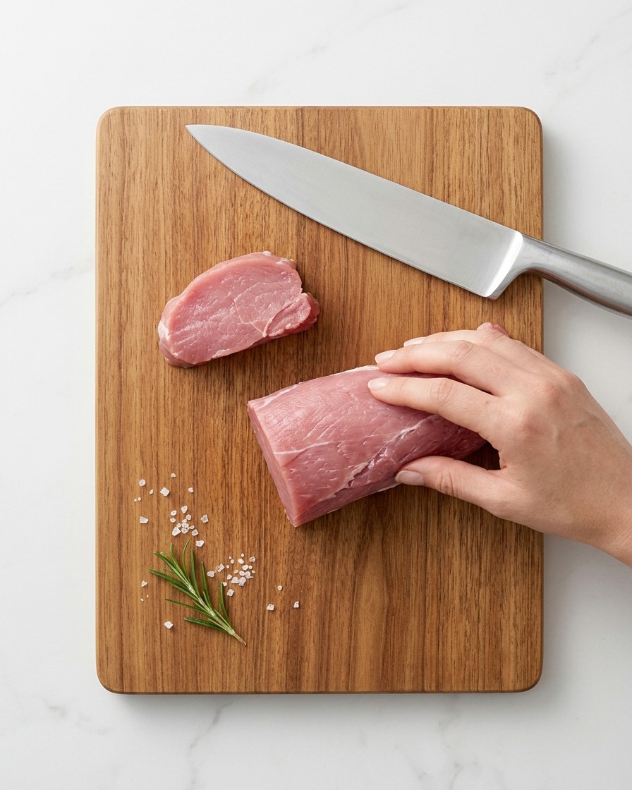 Nahaufnahme eines Messers, das die weiße, zähe Faszie von einem Stück rohem Rindfleisch trennt.