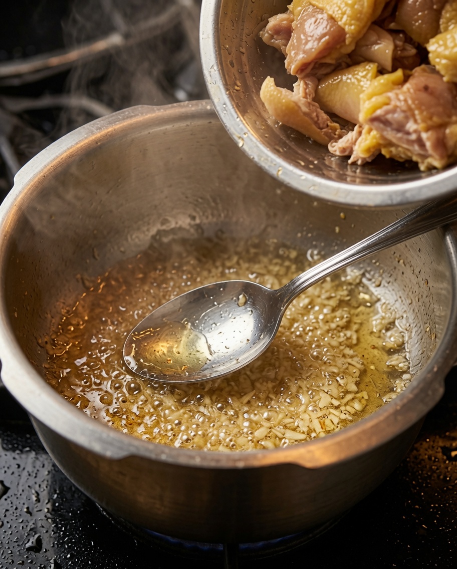 Blanchierte Hühnerstücke werden in den Topf zu den angebratenen Aromen gegeben.