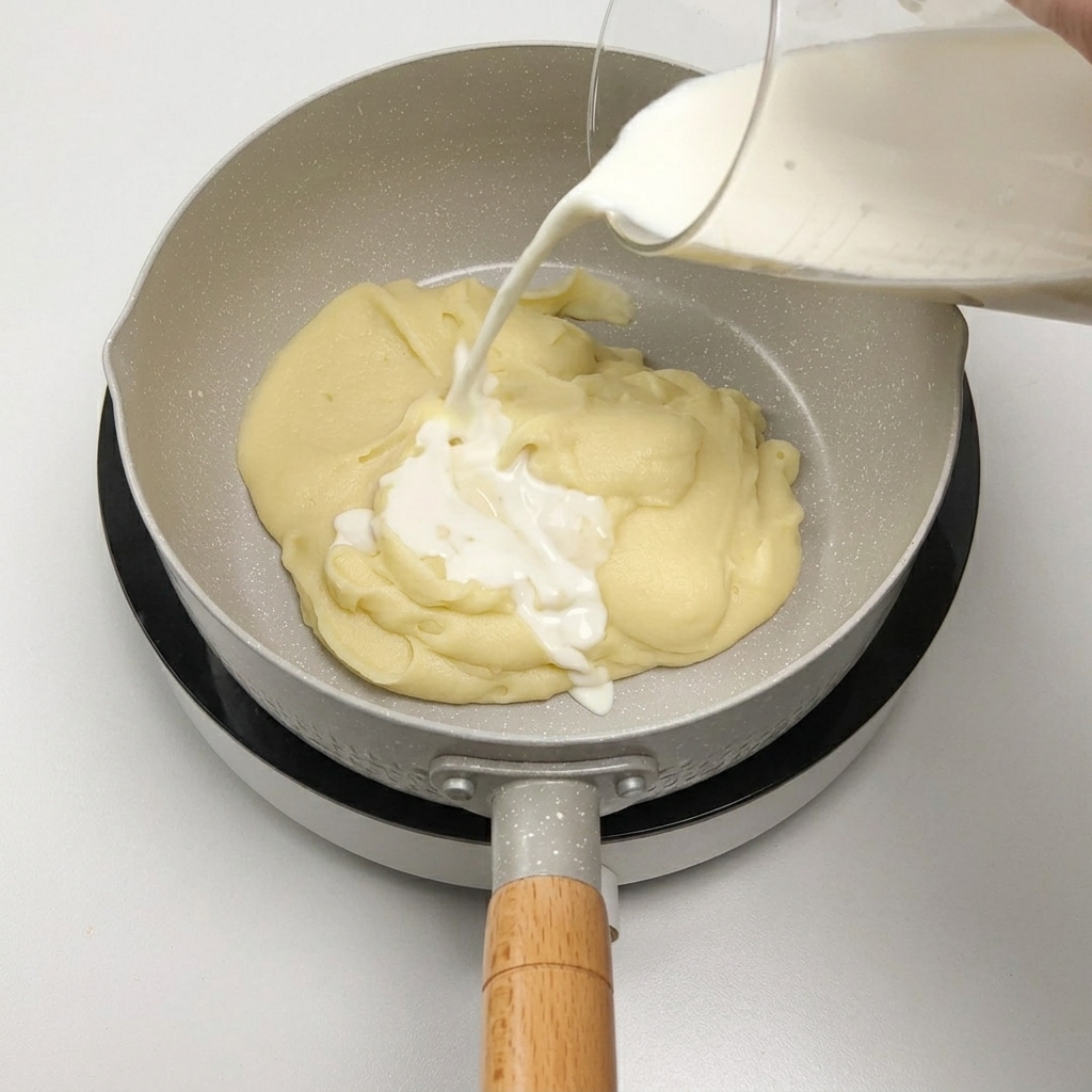 Nahaufnahme, wie Weißwein und heißes Wasser in eine helle Pfanne mit Huhn und Aromaten gegossen werden.