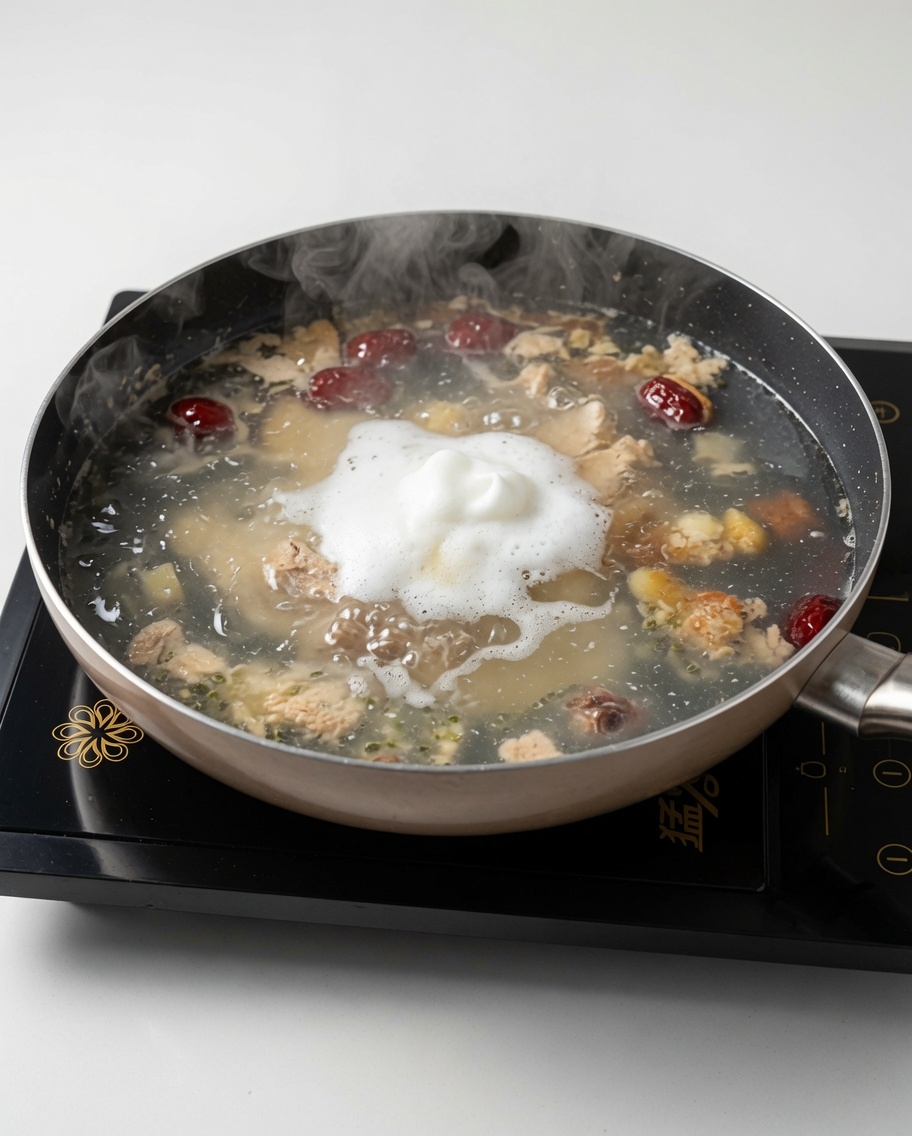 Eine Schöpfkelle entfernt weißen Schaum von der Oberfläche der kochenden Hühnersuppe.