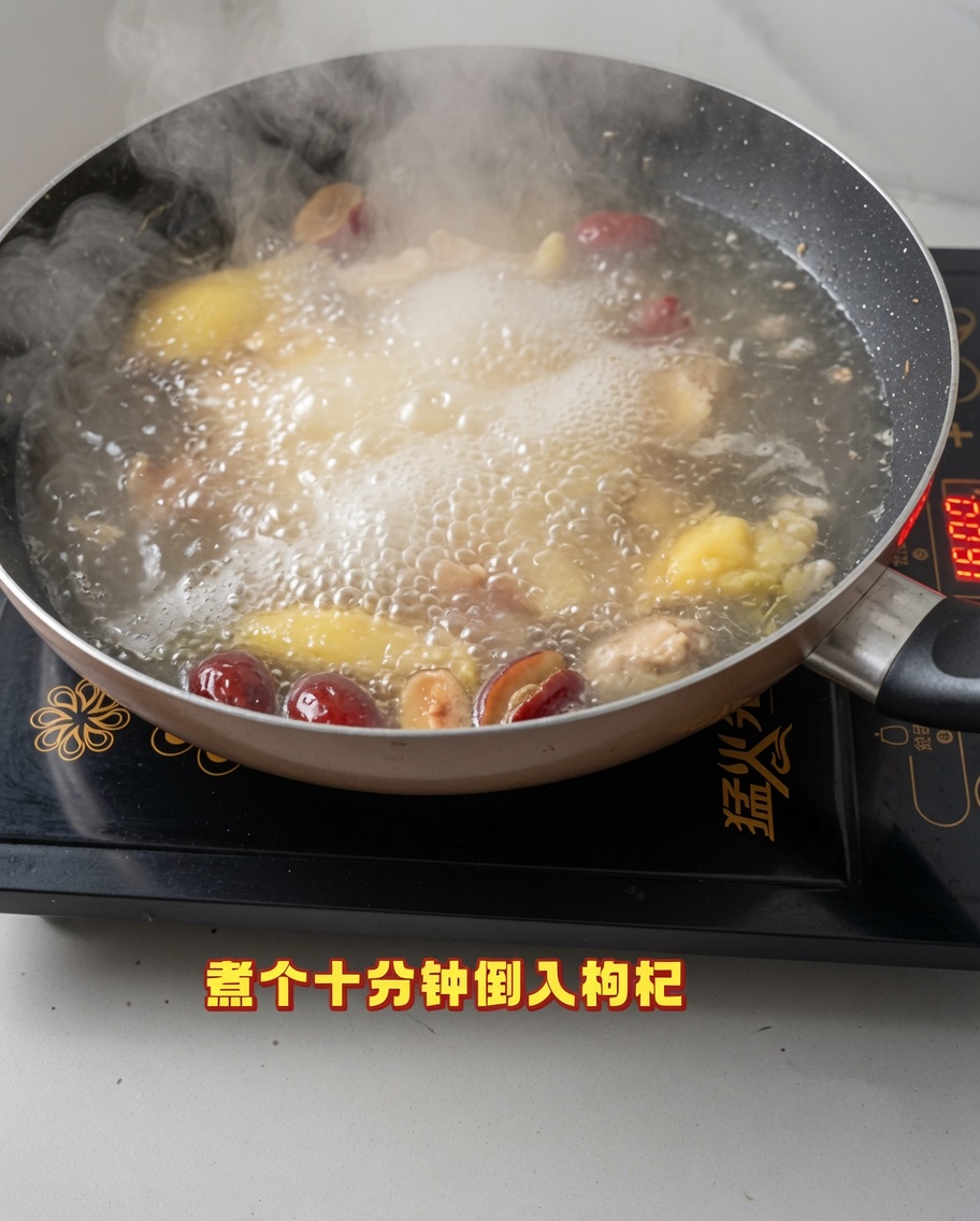 Getrocknete Goji-Beeren werden in die kochende Hühnersuppe gestreut.