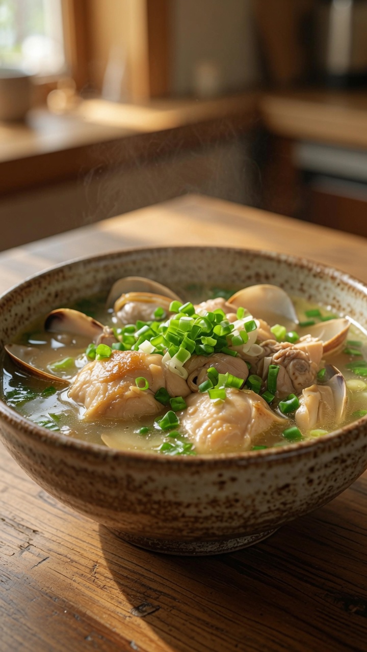 Hühnersuppe mit Venusmuscheln und gesalzenen Frühlingszwiebeln