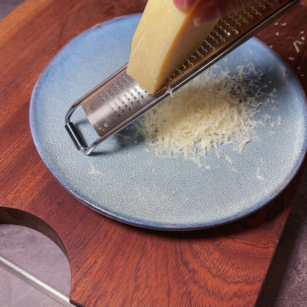 Zwei Eigelb und frisch geriebener Parmesan in einer Glasschüssel.