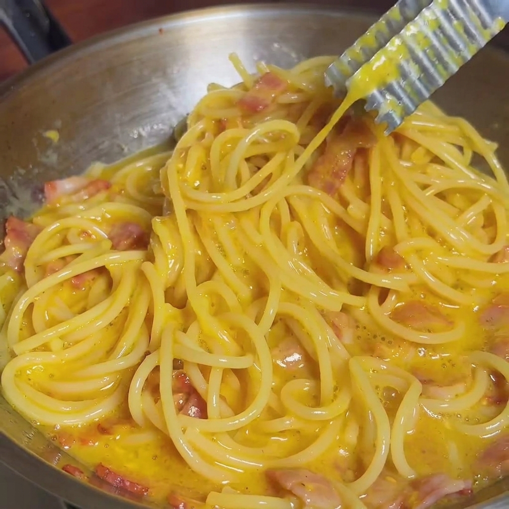 Spaghetti werden mit einer Zange in der Pfanne gewendet, um sie mit der cremigen Soße zu überziehen.