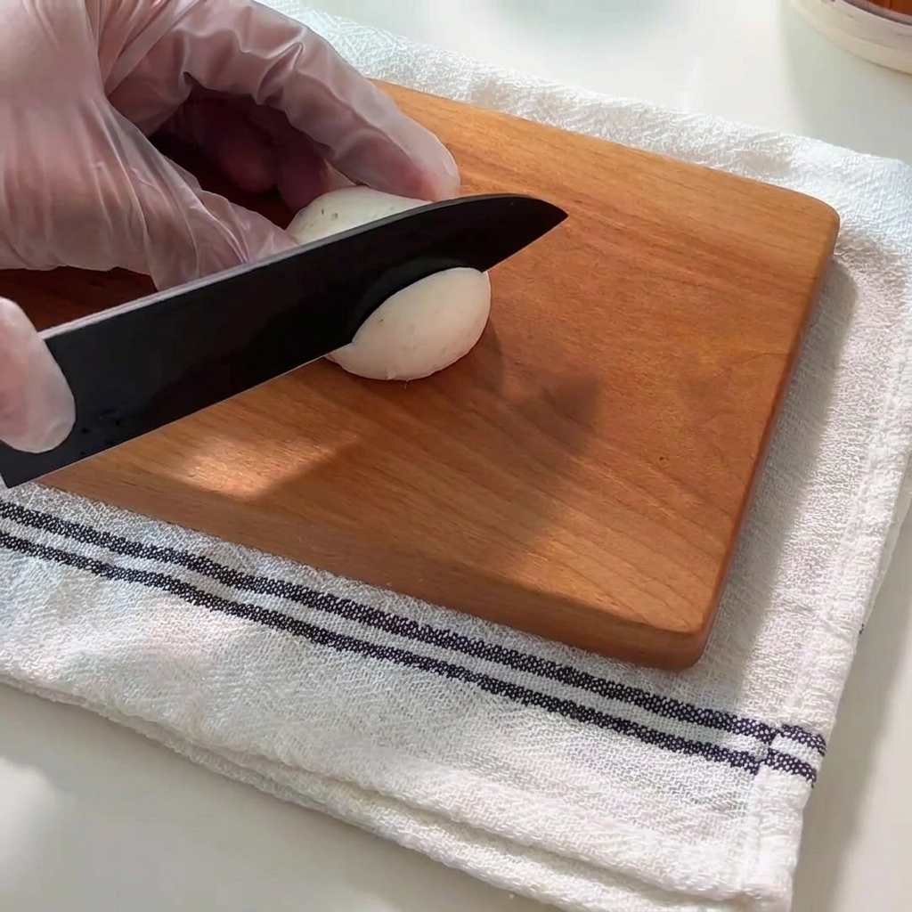 Behandschuhte Hände schneiden weiße Champignons auf einem Holzbrett mit einem schwarzen Messer in dünne Scheiben.