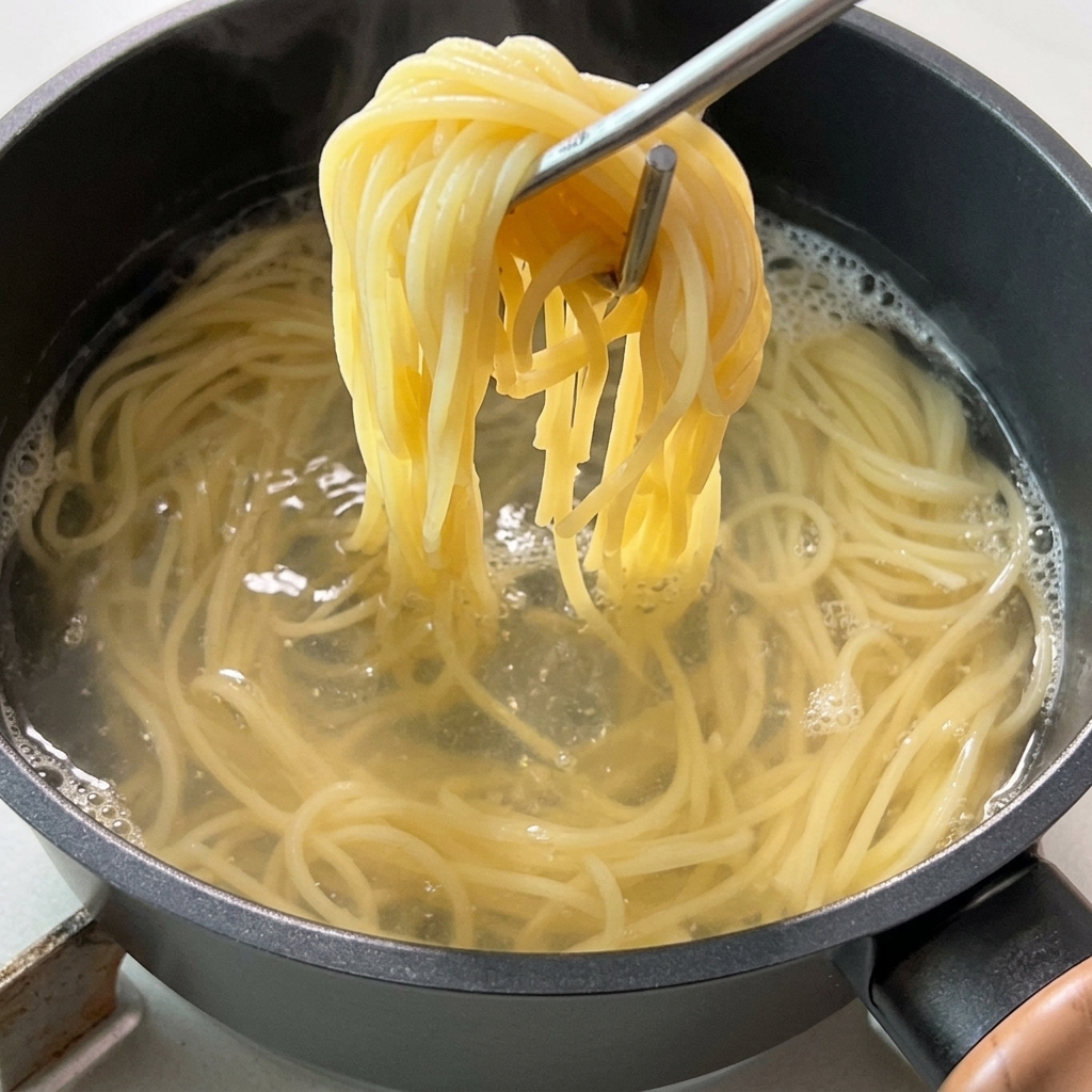 Eine Zange hebt einen großen Teil gekochter Spaghetti aus einem Topf mit kochendem Wasser.