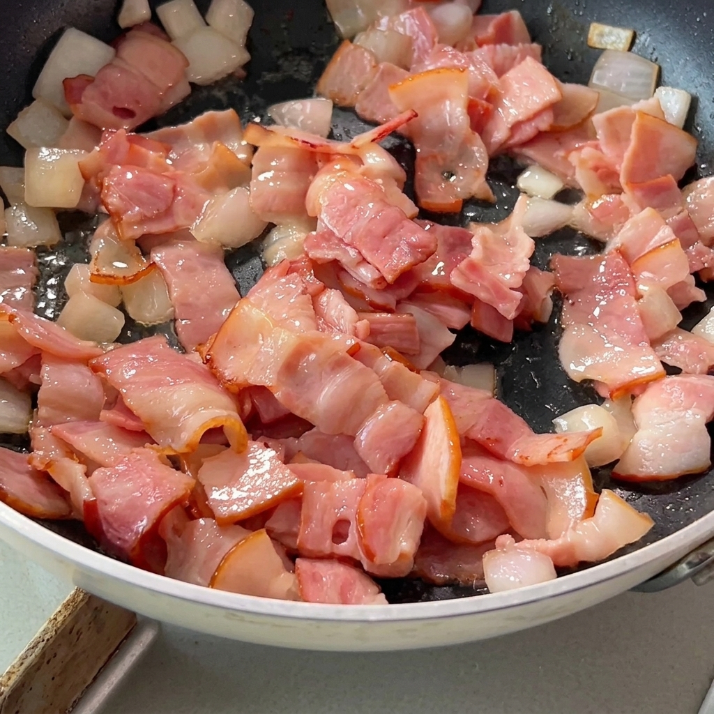 Pilzscheiben werden zu Speck und Zwiebeln in der Pfanne hinzugefügt.