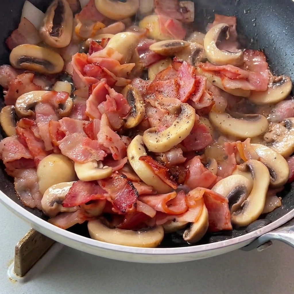 Pilze, Speck und Zwiebeln in der Pfanne werden mit frisch gemahlenem schwarzen Pfeffer gewürzt.