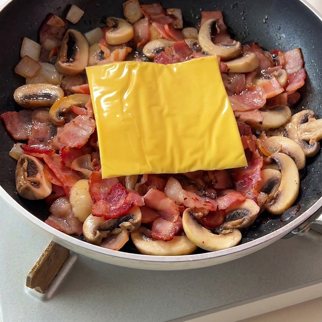 Eine Scheibe Schmelzkäse liegt auf den Zutaten in der Pfanne.