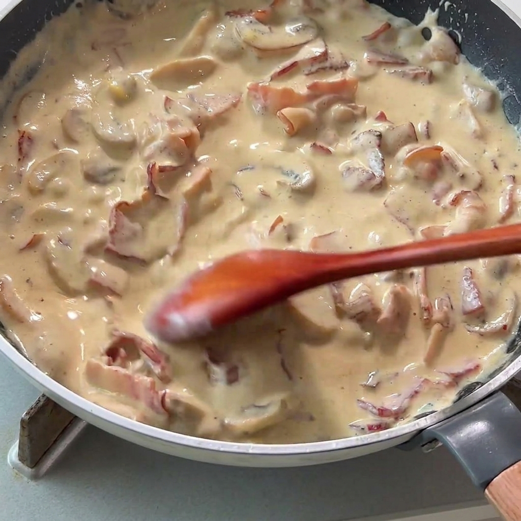 Eine cremige Saucenmischung wird mit Pilzen und Speck in der Pfanne verrührt.