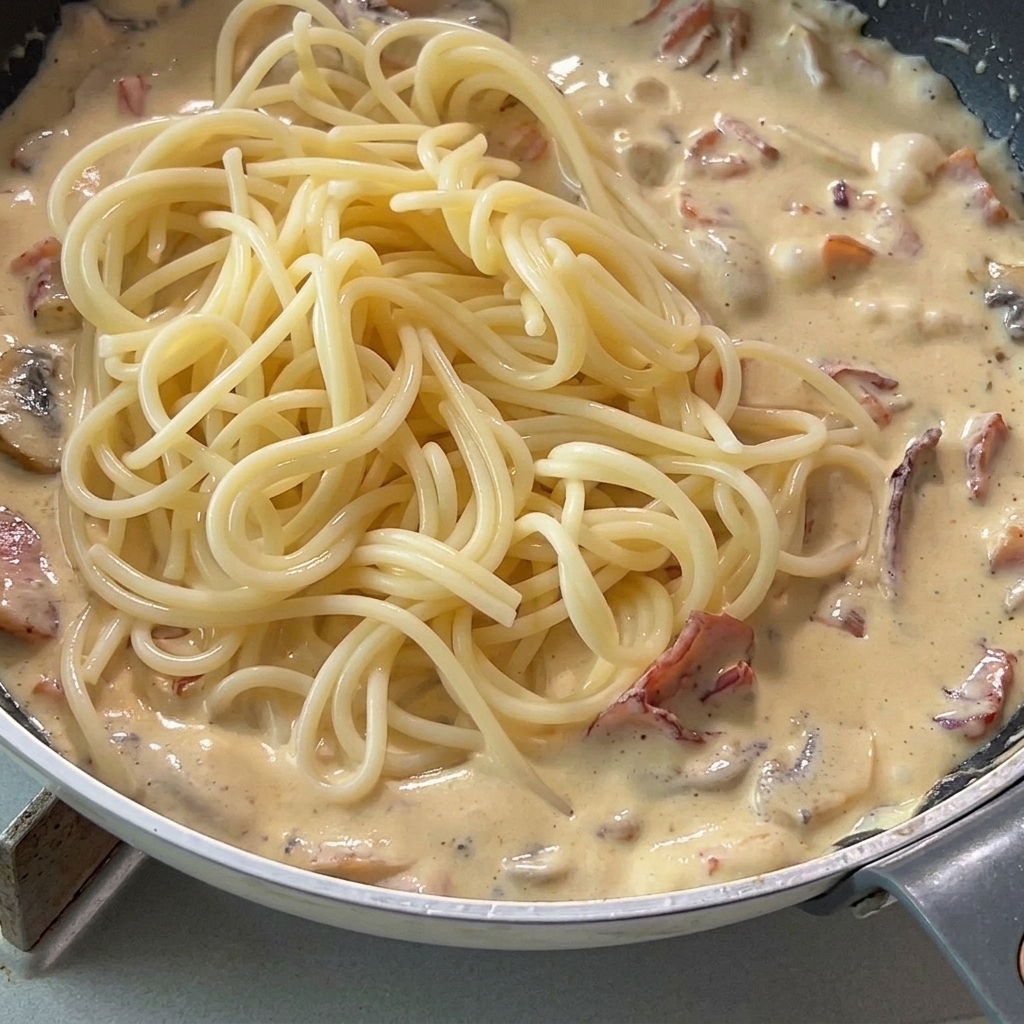 Gekochte Pasta wird in die cremige Sauce in einer großen Pfanne gegeben.