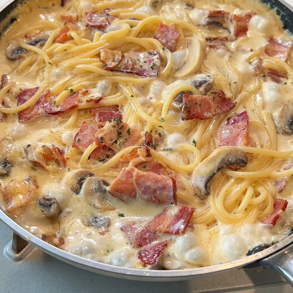 Pasta wird in der Pfanne mit der Sauce vermengt.