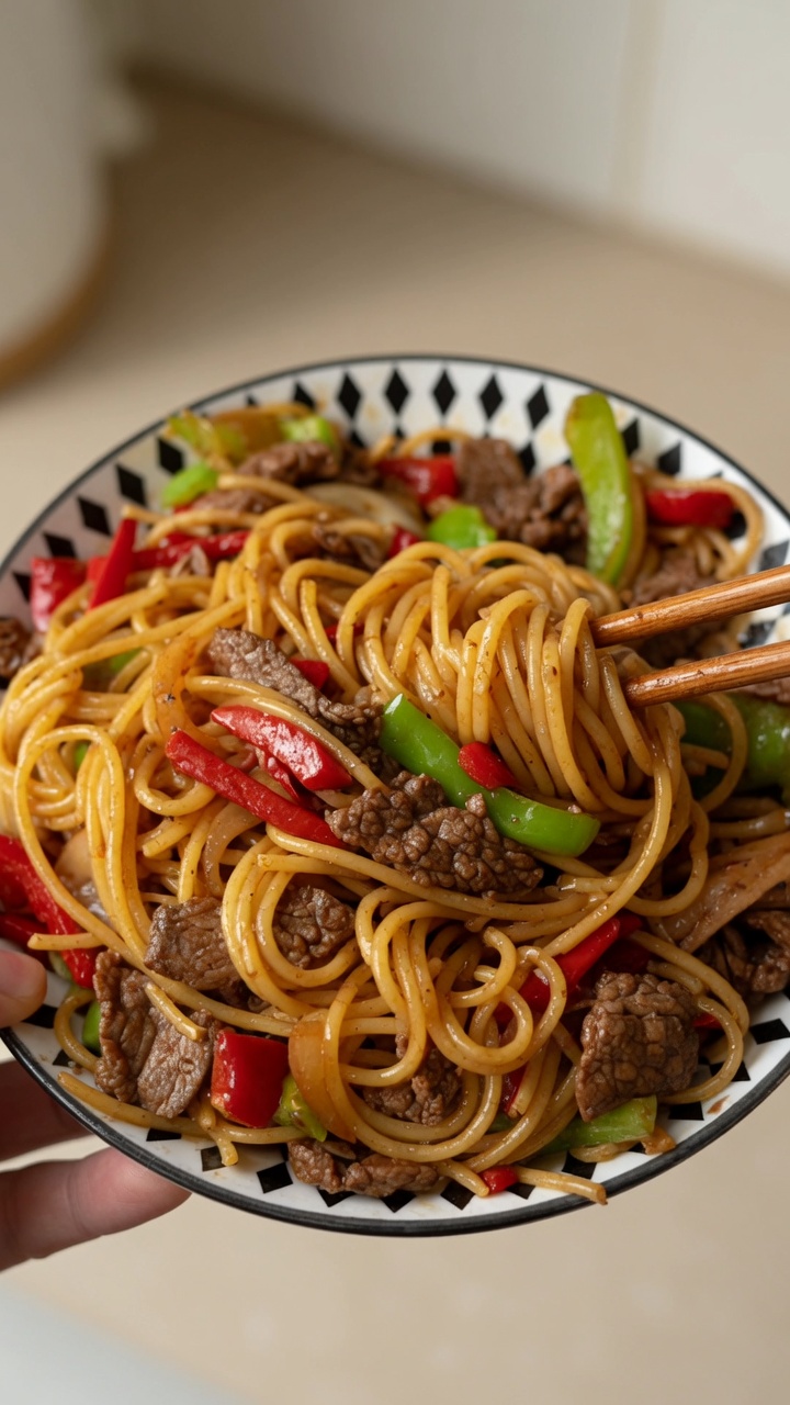 Herzhafte Rinderfilet-Spaghetti aus dem Wok