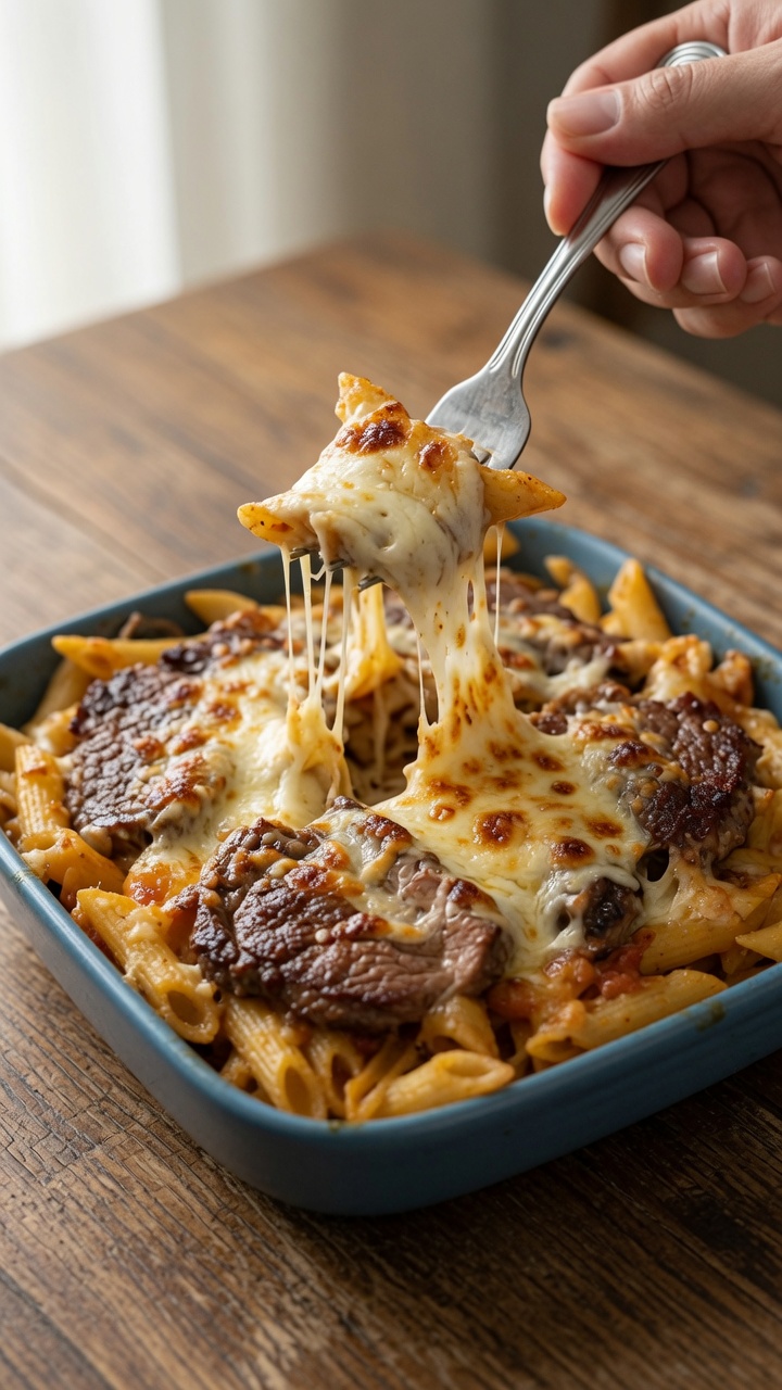 Überbackene Penne mit Rinderfilet