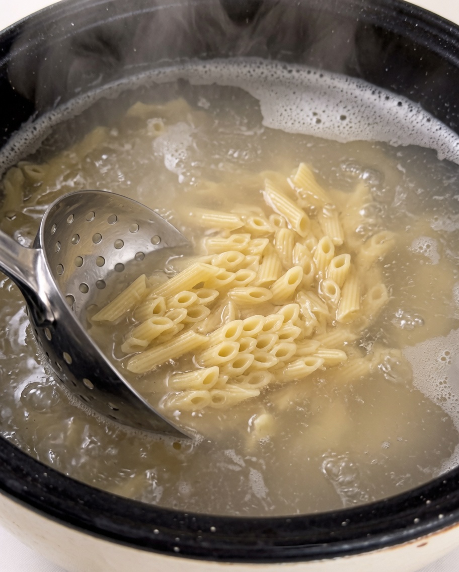 Penne-Pasta wird mit einem Schaumlöffel im kochenden Wasser umgerührt.