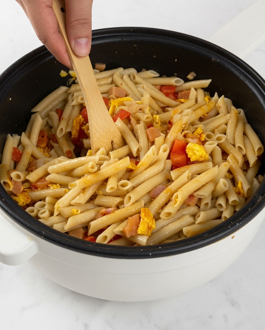 Eine Pfanne mit Penne-Pasta, gewürfelten Paprika, Fleisch und Rührei wird mit einem Holzlöffel vermengt.