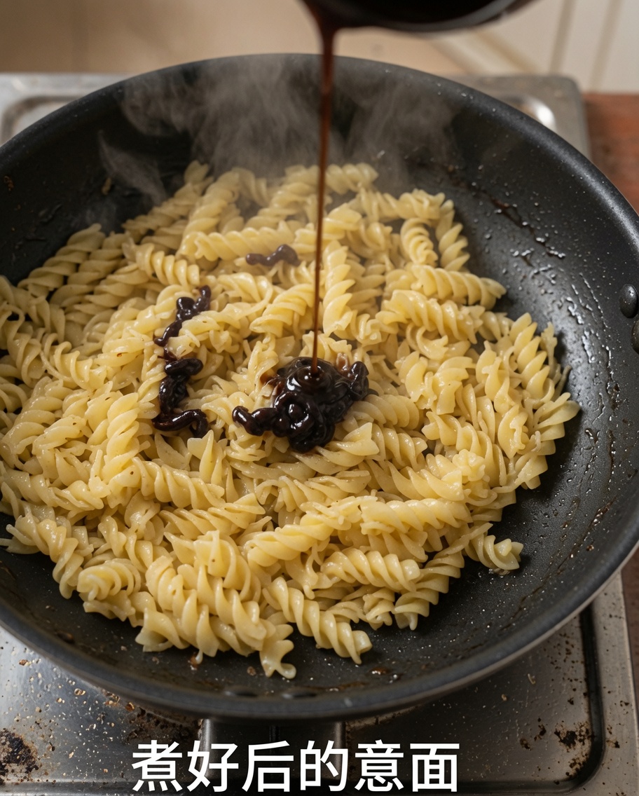 Schwarze Pfeffersoße wird in einer Pfanne über die gekochten Fusilli gegeben.