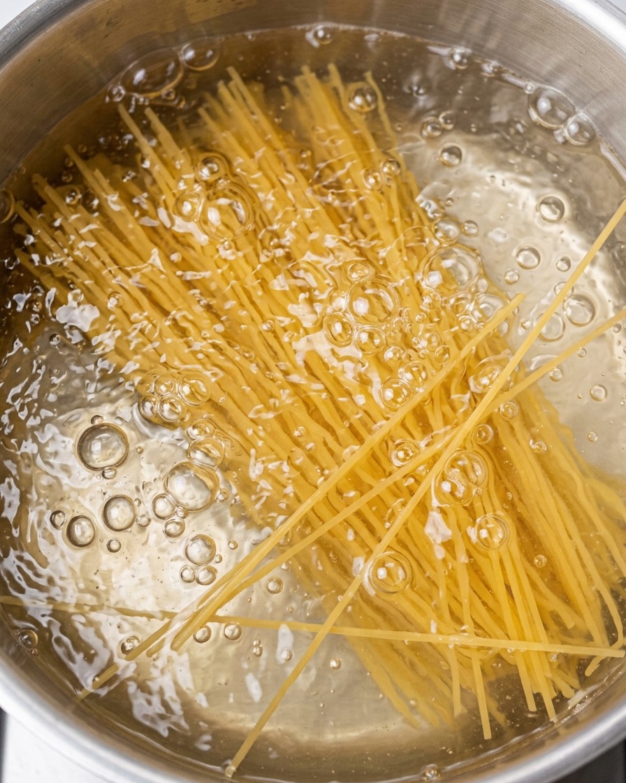 Spaghetti kochen in einem Topf mit kochendem Wasser.