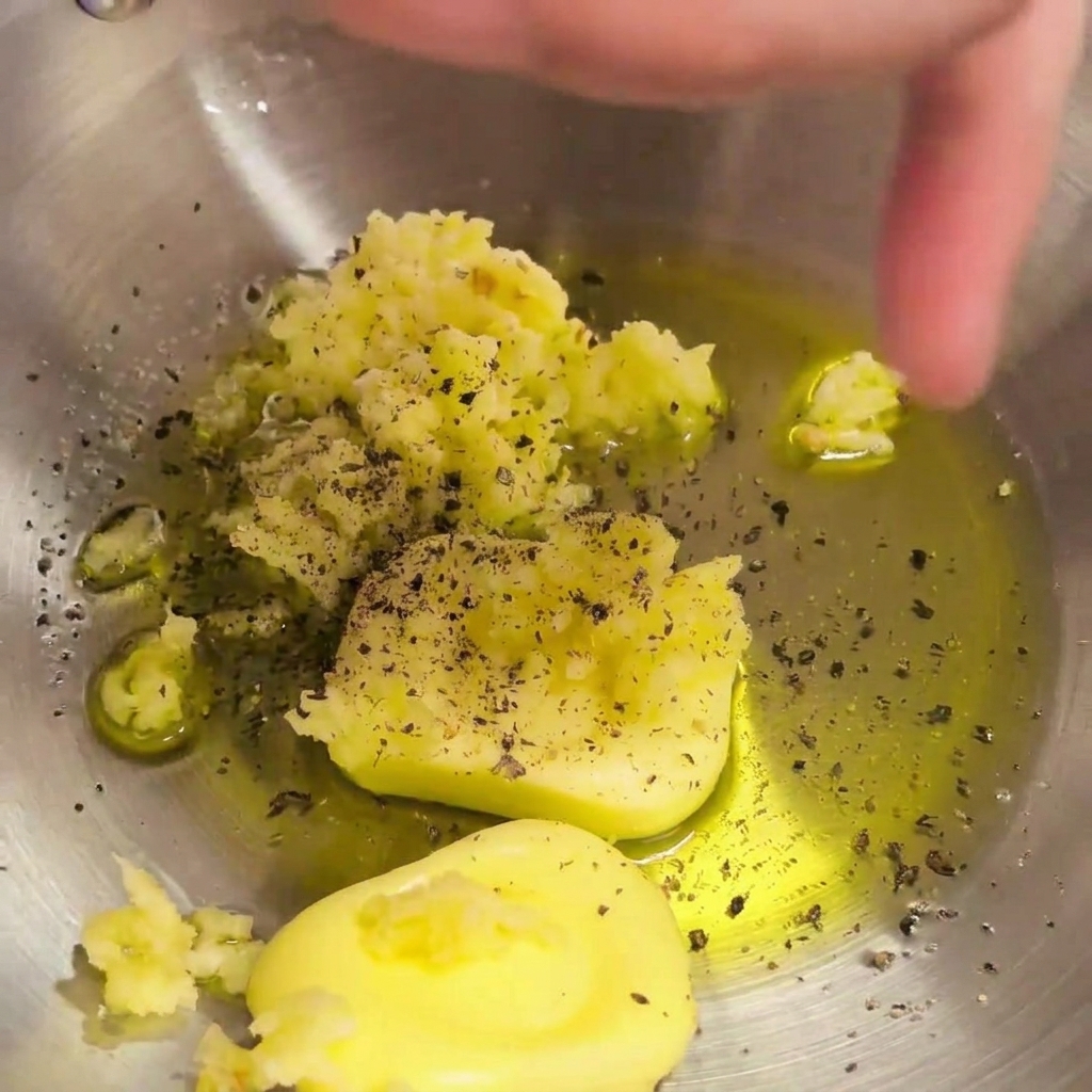Frisch gemahlener schwarzer Pfeffer würzt die Mischung aus Butter, Knoblauch und Olivenöl in der Schüssel.