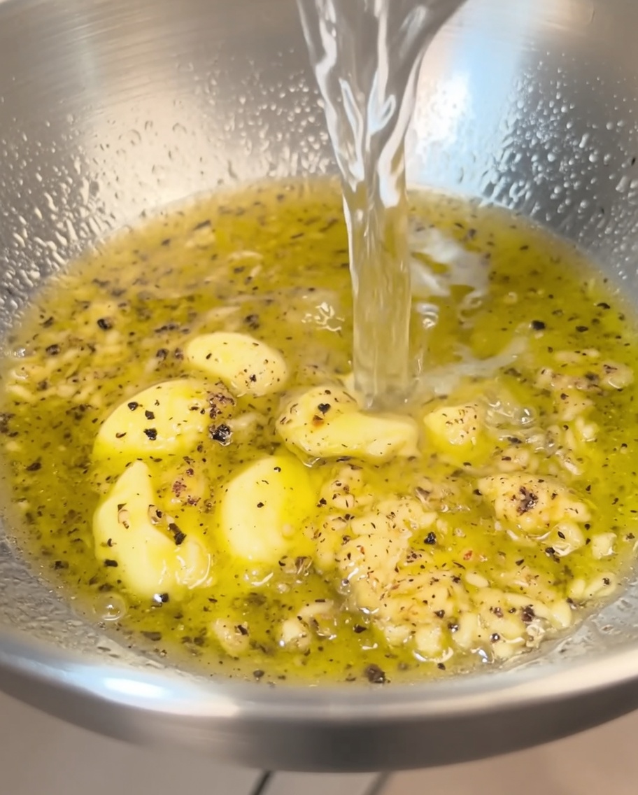 Eine cremige, emulgierte Soße in der Schüssel nach dem Aufschlagen von Butter, Öl und Nudelwasser.