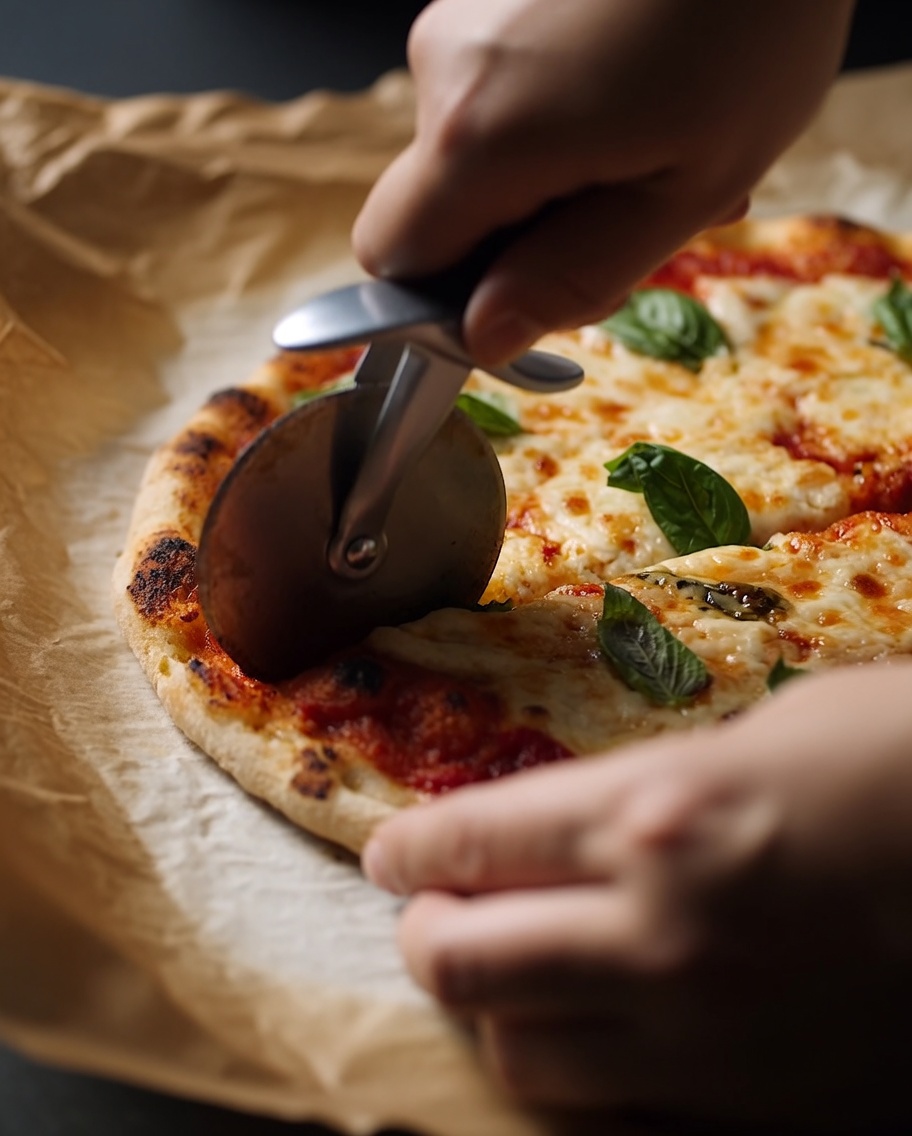 Hände schneiden eine frisch gebackene Pizza mit einem Pizzaschneider aus Metall in Stücke.
