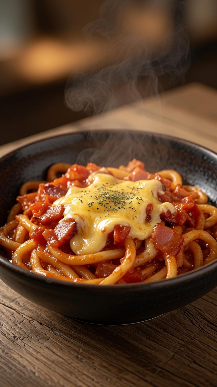 Tomaten-Speck-Udon mit Käse