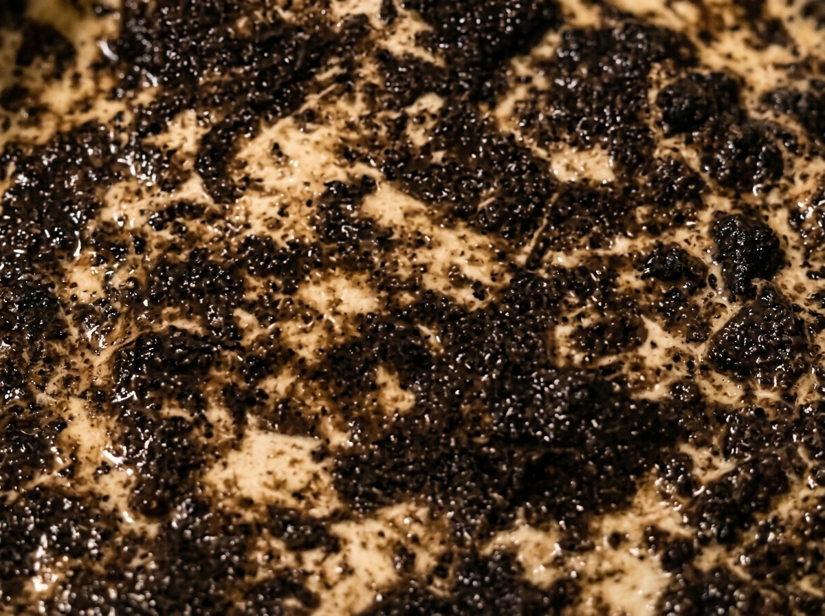 Gebratene Pilzscheiben sind gleichmäßig auf der mit Trüffelsauce bestrichenen Pizza angeordnet.