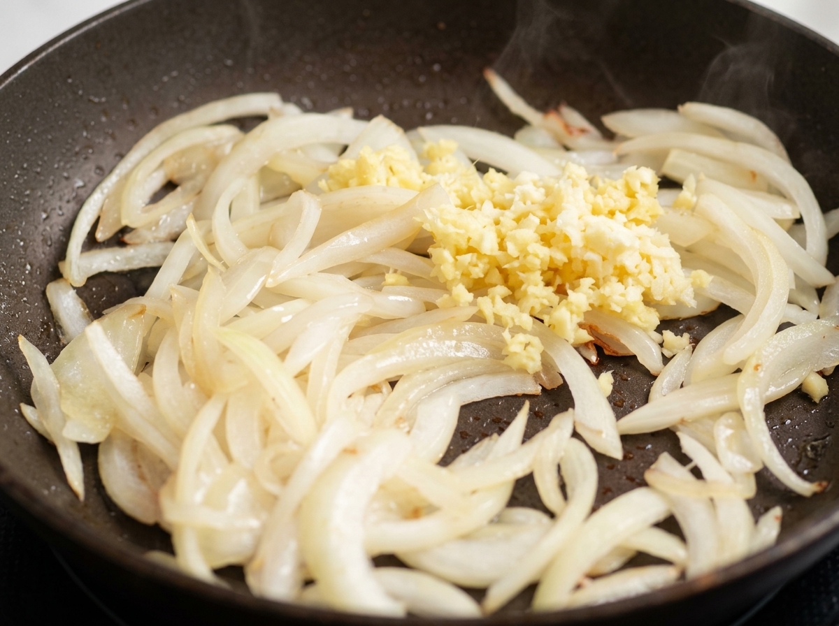Ein Haufen fein gehackter Ingwer und Knoblauch liegt auf den angebratenen Zwiebelstreifen in der Pfanne.