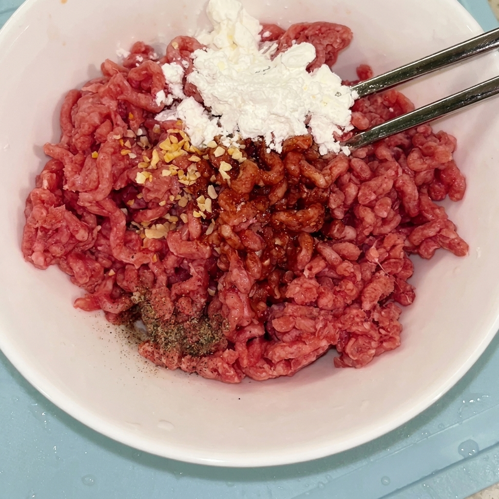 Rinderhackfleisch in einer weißen Schüssel, das mit Gewürzen und Stärke mit Essstäbchen vermischt wird.