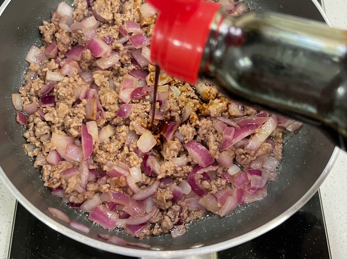 Dunkle Sojasauce und Ketchup werden in die Pfanne mit dem Rindfleisch und den Zwiebeln gegeben.