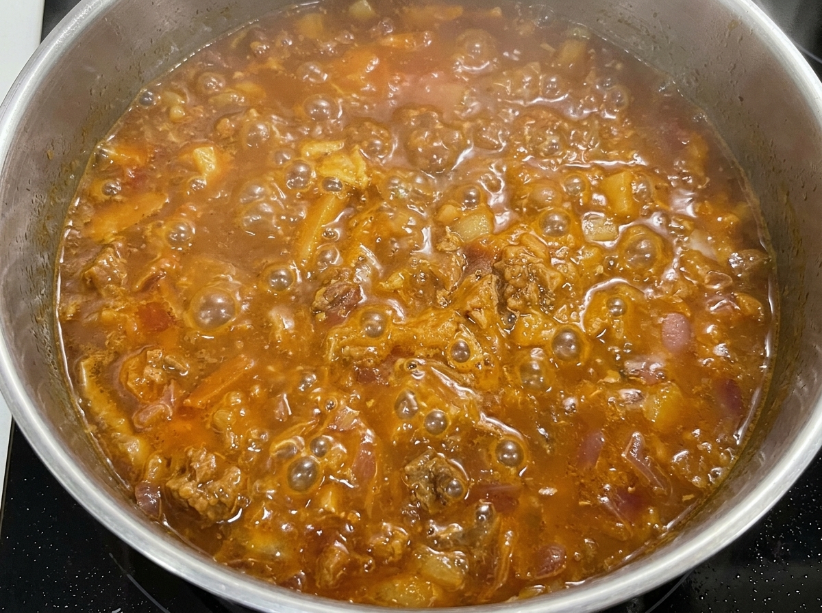 Eine Nahaufnahme einer Pfanne mit einer reichhaltigen, blubbernden Rindfleisch-Zwiebel-Mischung, bestreut mit frischen Frühlingszwiebeln.