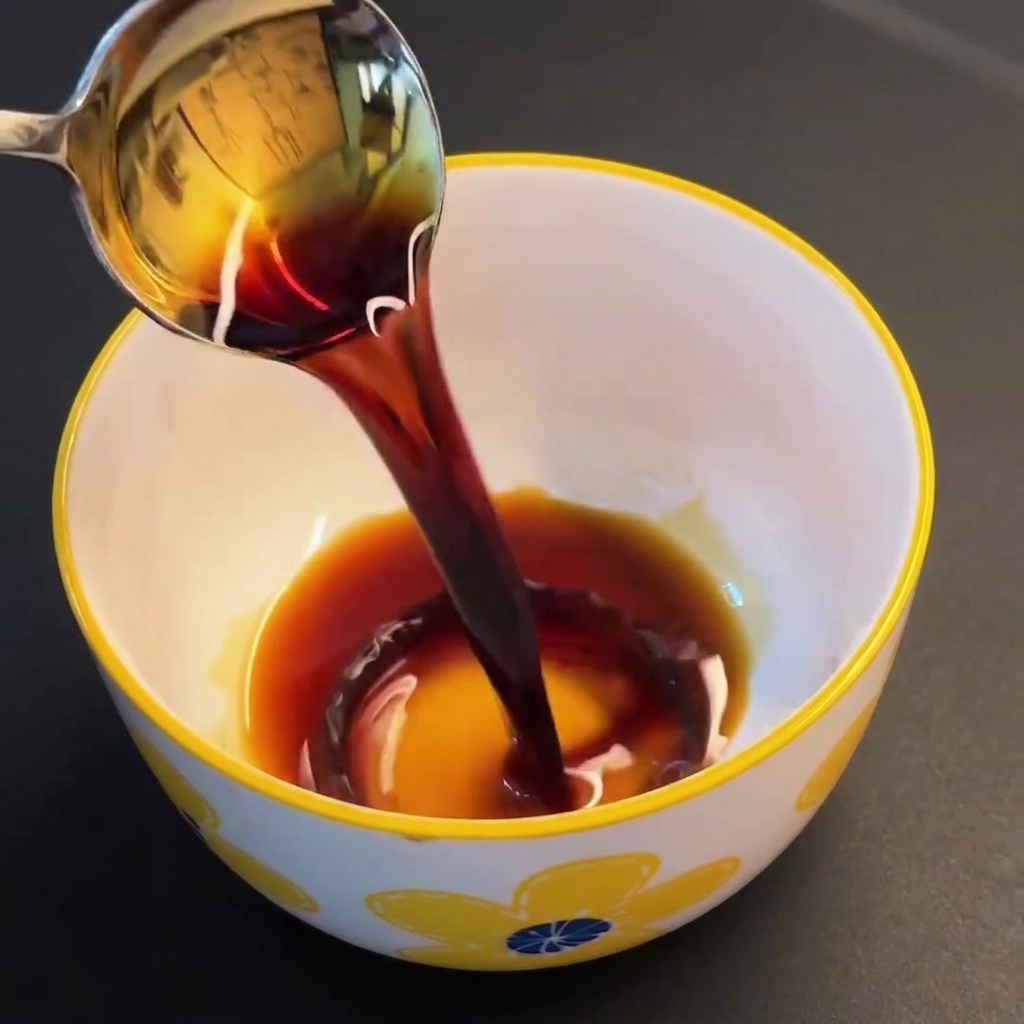 Sojasauce, Austernsauce und weitere Gewürze werden in einer Schüssel zu einer einheitlichen Sauce verrührt.